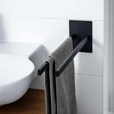 Immagine prodotto di ELMOWO - Portasciugamani in acciaio inox senza trapano a due bracci per 2 asciugamani - Portasciugamani da bagno doppio nero - Portasciugamani da bagno a 2 bracci