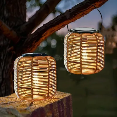 Image de Lampes solaires d'extérieur, lot de 2, lanternes en rotin, étanches IP44, éclairage de jardin