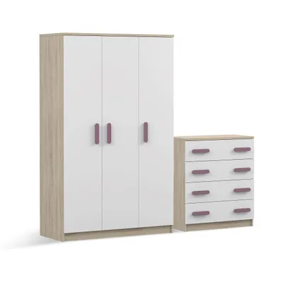 Produktbild von Drehtürenschrank und Kommode 2er-Set JONAS II 19/JONAS I 02 Sonoma/Weiß erikafarbene Griffe