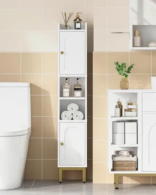 Produktbild von Badezimmerschrank, Badschrank Schmal mit 2 Türen und offenen Regalen, Schmales Badregal, Verstellbare Ablagen, 20 x 20 x 108,5 cm, Badezimmer Hochschrank, Aufbewahrungsschrank, Weiß