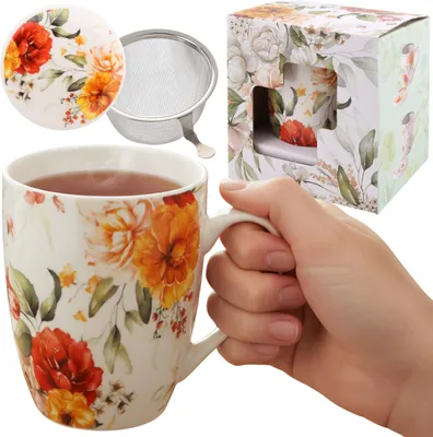 Obrázek produktu pro Čajová souprava: porcelánový HRNEK 340 ml s čajové sítko a víčkem NA BYLINKY,  zabalený jako DÁREK