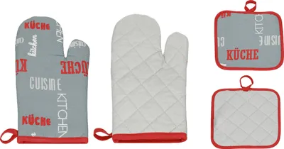 Produktbild von Betz Küchen Set 4-teilig bedruckt  2 Handschuhe 2 Topflappen Farbe grau