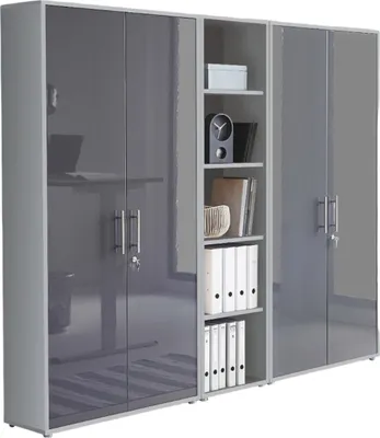 Produktbild von Aktenschrank TABOR 10 in lichtgrau / anthrazit Hochglanz, Schrankwand, Büroschrank, abschließbar, Metallgriffe