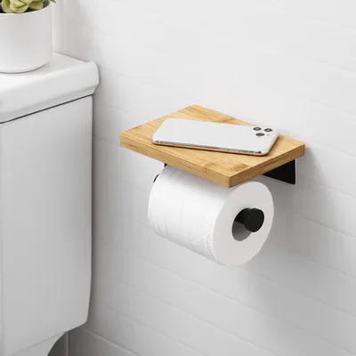 Produktbild von Toilettenpapierhalter ohne Bohren mit Bambus-Ablage Klopapierhalter Schwarz Klorollenhalter WC Papier Halterung Rollenhalter Badezimmer Edelstahl