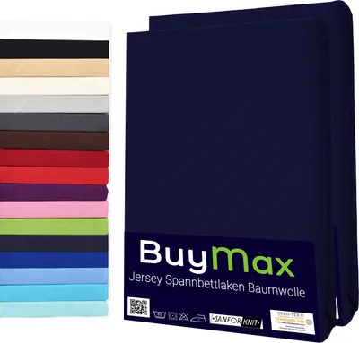 Produktbild von Buymax Spannbettlaken 90x200cm Doppelpack 100% Baumwolle Spannbetttuch Bettlaken Jersey, Matratzenhöhe bis 25 cm, Farbe Marineblau