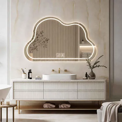 Produktbild von AIORBER LED Badspiegel mit Beleuchtung Wolkenform Wandspiegel Asymmetrisch Beschlagfrei Dimmbar 3 Lichtfarben Touch-Schalter Silber 70x90cm