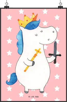 Produktbild von Mr. & Mrs. Panda Bild Einhorn König mit Schwert DIN A2 - Rot Pastell - Geschenk, Plakat, Kunstdruck, Unicorn, drucke, Ritter, Wandbild, Einhörner, wanddeko, Mittelalter