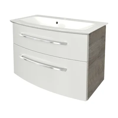 Produktbild von FACKELMANN B.STYLE Badmöbel Set 2 Teile / Gussmarmor Waschbecken / Waschbeckenunterschrank mit 2 Schubladen / hochwertiger Badschrank mit Soft-Close / Korpus: Grau / Front: Weiß / Breite: 83 cm