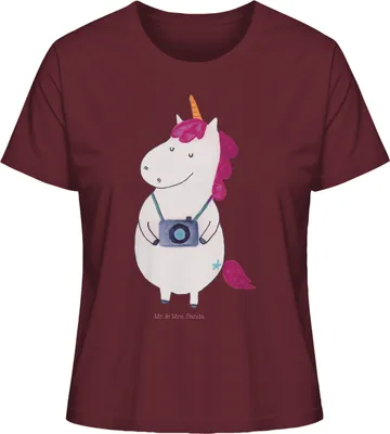 Produktbild von Mr. & Mrs. Panda Oberteil Damen Einhorn Fotograf Größe M - Burgundy - Geschenk, Jerseyshirt, Unicorn, Kurzarmshirt, Urlaub, Kamera, Einhörner, T-Shirt Kurzarm