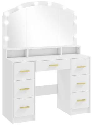 Produktbild von Schminktisch mit 10 LED-Hollywood-Lampen, Spiegel, 7 Schubladen, 3 Fächer, MDF, Weiß