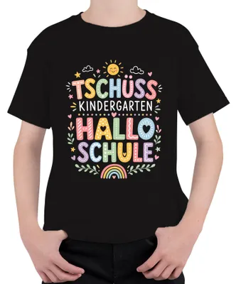 Immagine prodotto di Arrivederci asilo, benvenuta scuola! Maglietta per la prima elementare, per bambini, colore nero, taglia 152