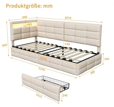 Produktbild von Polsterbett Schlafsofa - Jugendbett 90x200 cm - Holzgestell mit Samtbezug - 2 Schubladen - LED Beleuchtung - USB Ladestation - Beige