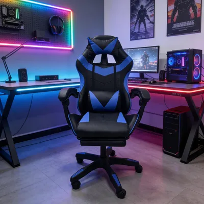 Produktbild von Ergonomischer Gaming Stuhl mit Fußstütze Racing-Design Schwarz-Blau
