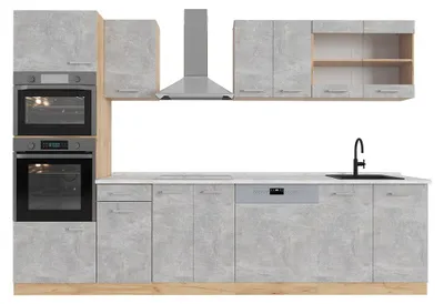 Immagine prodotto di Cucina componibile Vicco R-Line Calcestruzzo/Rovere dorato 300 cm con armadio alto, PL Marmo, Model 53879