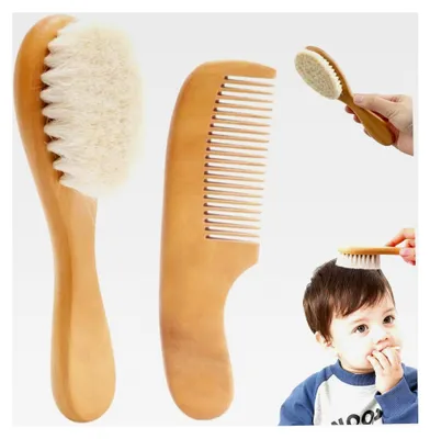 Produktbild von Babybürsten-Set aus natürlichem Holz, bestehend aus Bürste und Kamm, für weiches Neugeborenenhaar, Pflegeset für Jungen und Mädchen