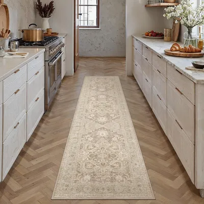 Läufer 60x240 cm beige, waschbar, rutschfest, niedriger Flor
