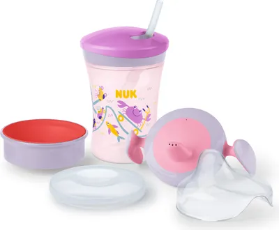 Produktbild von NUK Trinklernset 230ml, Geschenkbox mit unterschiedlichen Trinkaufsätzen, auslaufsicher, ab 6 Monaten, lila & rosa