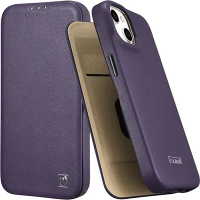 A purple phone case is shown with its flap open, revealing a tan interior.