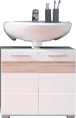 A white sink with a chrome faucet, resting on a white and wood cabinet.