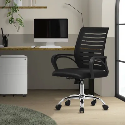 An office chair in a home office setting.