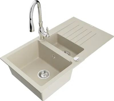 Immagine prodotto di Mexen Matias lavello in granito 1,5 vasche con scolapiatti e rubinetto da cucina Savita, beige - 6502-69-672601-00
