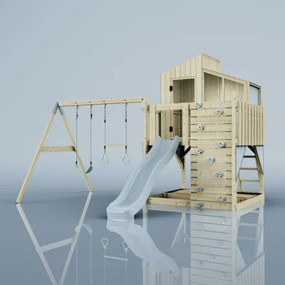 Produktbild von OutdoorToys Spielturm mit Spielhaus mit Wellenrutsche, Outdoor Klettergerüst Garten, Kletterwand und Kletterleiter, Ausführung: Trapezstange, Farbe: Eisblau, mit Trapezstange