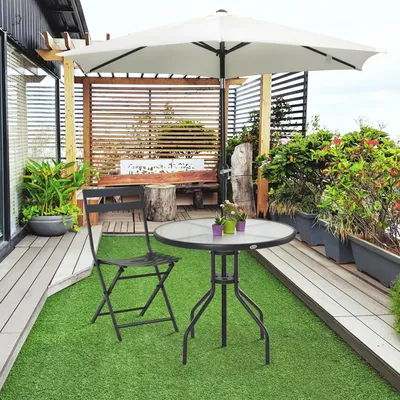 Produktbild von Gartentisch rund mit Schirmloch, Bistrotisch Balkontisch Terrassentisch, Hartglas Metallgestell, Schwarz | Ø80 x H72 cm | 50 kg | pulverbeschichtet