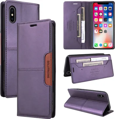 A collage of images showing a purple flip wallet phone case for an iPhone XS Max.