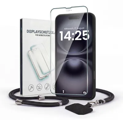 Produktbild von Handyhülle für Apple iPhone 16 Plus mit Handykette und 9H Displayglas Displayschutz Band Kordel Hülle Case Schutzhülle Schwarz