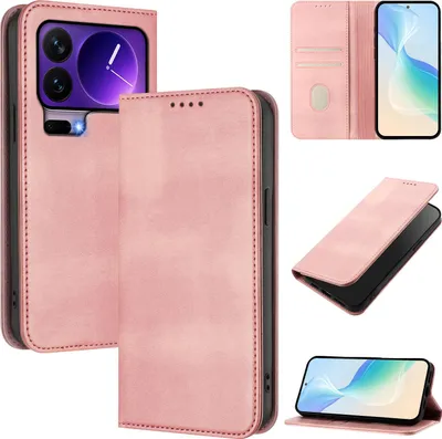 Produktbild von Handyhülle für Xiaomi 17 Pro, Vintage Leder RFID Schutz Kartenfach Standfunktion Magnetische Klapphülle Pink