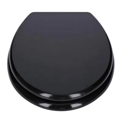 A top-down view of a black toilet seat.