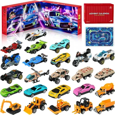 Productafbeelding van Adventskalender auto 2025 voor kinderen – 24 speelgoedauto's van aluminiumlegering met speelmat, geschikt voor jongens en meisjes – een leuk kerstcadeau