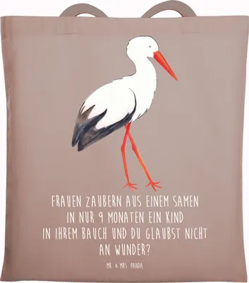 Produktbild von Mr. & Mrs. Panda Tote Bag Storch - Braun Pastell - Geschenk, Störche, Tasche, Lustige Sprüche, Mütter, Schultasche, Laptoptasche, Jutebeutel, Beutel, Geburt, Mutter