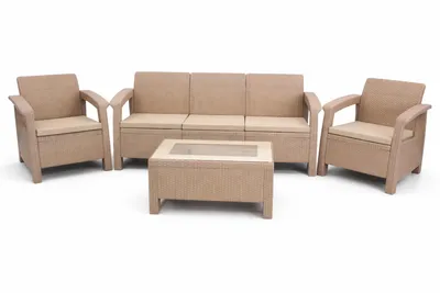 Produktbild von Gartenmöbel Set LAGUNA – Polyrattan Lounge Set 3+1+1 mit Sofa, Sessel & Tisch, Gartenlounge mit Kissen
