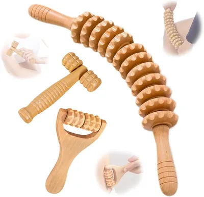 Produktbild von Set aus 3 Holz-Faszienrollen, Faszienroller für Rücken, Beine, Nacken und Füße, zur Muskelentspannung und Lymphdrainage, Massageroller mit 12 Rollen