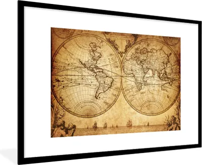 Produktbild von MuchoWow® Gerahmtes Poster Weltkarte - Antik - Vintage - Kind - Junge - Mädchen 90x60 cm - Poster mit Schwarzem Bilderrahmen Wandposter Rahmen Foto Bilder - Wanddekoration - Fotos
