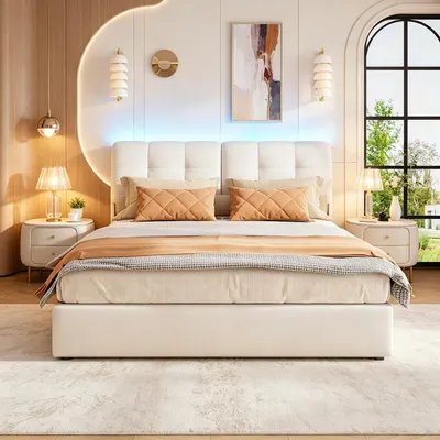 Produktbild von INONEFT Boxspringbett 140×200 mit LED,Polsterbett Jugendbett mit Stauraum,Hydraulisches Doppelbett,Stauraumbett, Samt, Beige.