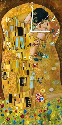 Produktbild von Wallario Design Wanduhr Der Kuss von Klimt aus Echtglas, Größe 30 x 60 cm