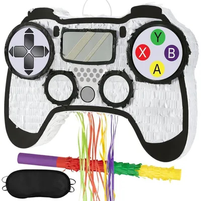 Immagine prodotto di Pignatta a tema videogiochi, con controller, benda per gli occhi e bastone, ideale per feste di compleanno per bambini