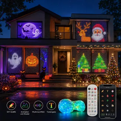 Produktbild von LED Lichterkette Vorhang Smart RGB Lichterkettenvorhang Programmierbar Lichtervorhang DIY Text Musik mit APP Steuerung Fernbedienung IP65 Wasserdicht