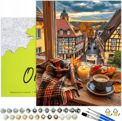 Produktbild von Malen nach Zahlen Erwachsene Kaffee Herbstmorgen 50x40 - 31 Acrylfarben, Leinwand mit Holzrahmen, 3 Pinseln und Zubehör Oh Art!