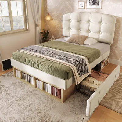 Produktbild von Flieks Polsterbett 90x200cm mit Schubladen, Stauraumbett Einzelbett mit Staufächern, Jugendbett Kinderbett mit verstellbarem Kopfteil, Samt, Beige