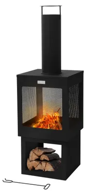 Obrázok produktu pre Krb na záhradu, vonkajší ohrievač - 128x40 cm, čierna oceľ - na drevo a uhlie - obdĺžnikový tvar - s komínom a držiakom na drevo