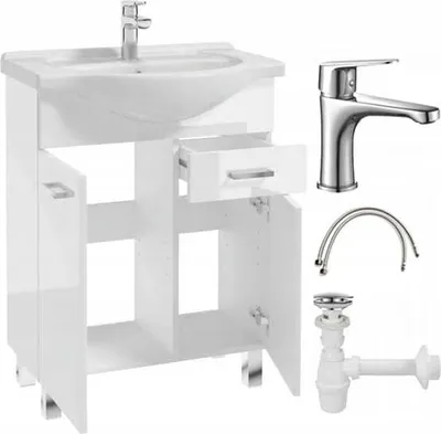 Produktbild von DomoDomo Koupelnová skříňka s umyvadlem na nožičkách 65x85 bílý lesk + sifon + baterie