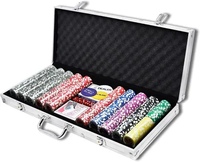 Obrázok produktu pre Sada kariet a pokerových žetónov QEENTOE v hliníkovom kufríku, 500 laserom gravírovaných pokerových žetónov, striebornej farby, profesionálna sada na poker