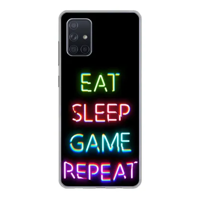 Produktbild von MuchoWow® Handyhülle Schutzhülle Hülle für Samsung Galaxy A51 Gaming - Led - Zitat - Eat sleep game repeat - Gaming Silikon Softcase Handy Hülle - Schutzabdeckung