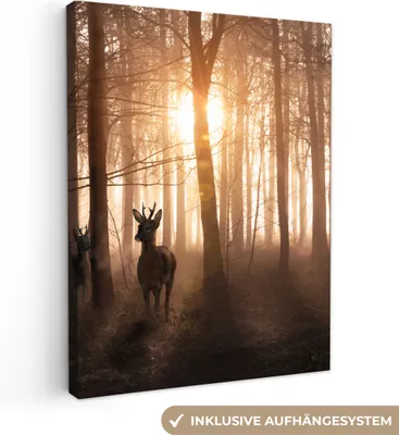 Obrázek produktu pro OneMillionCanvasses® - Obraz na plátně - Les - Jelen - Slunce - Stromy - Zima - Příroda - Zvířata, nástěnná malba, nástěnné dekorace obrazy obývací pokoj, 30x40cm