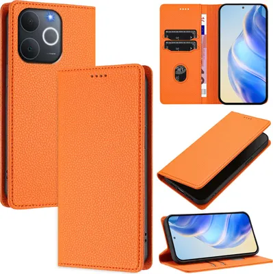 Obrázek produktu pro Kožené pouzdro pro Realme Note 70/Note 70T/Narzo 80 Lite 4G, Litschi kůže, peněženkové pouzdro s přihrádkami na karty a stojánkem Pomerančový