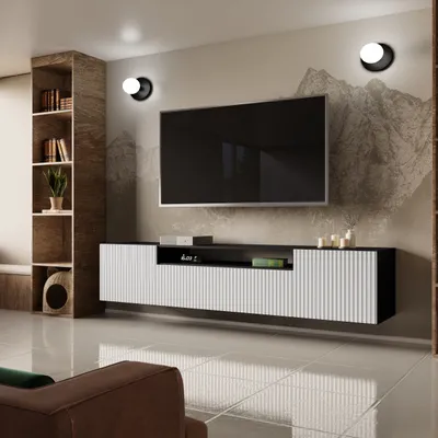Produktbild von TV-Schrank Fernsehschrank TV-Lowboard 200 cm vertikal gefräste Fronten modernes Design dreitürig Wohnzimmer Wandmontage (Farbe: schwarz, weiß)