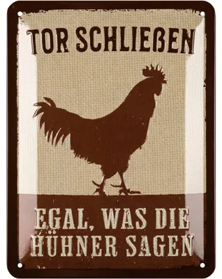 Produktbild von LANOLU Blechschild Hühnerstall Schild, Hühner Schild TOR SCHLIESSEN, Hühner Deko, Hühnerstall Zubehör, vintage Metallschild 15x20cm